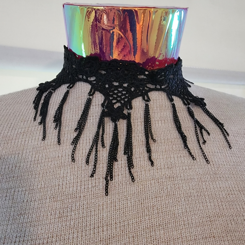 Black lace & chains black choker collar necklace